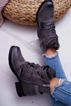 Damskie Boto Damskie Botki Płaski Obcas Ciepłe Szare Debra