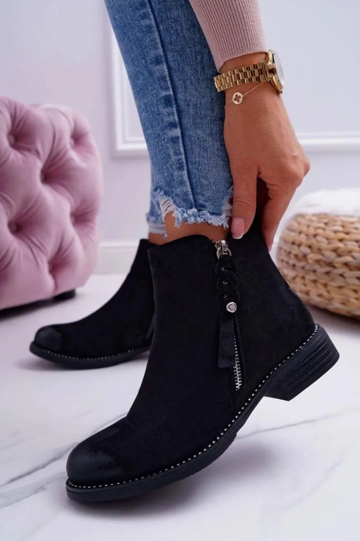 Damskie Damskie buty S.Barski Damskie Botki Płaski Obcas Czarne Barski 98-20