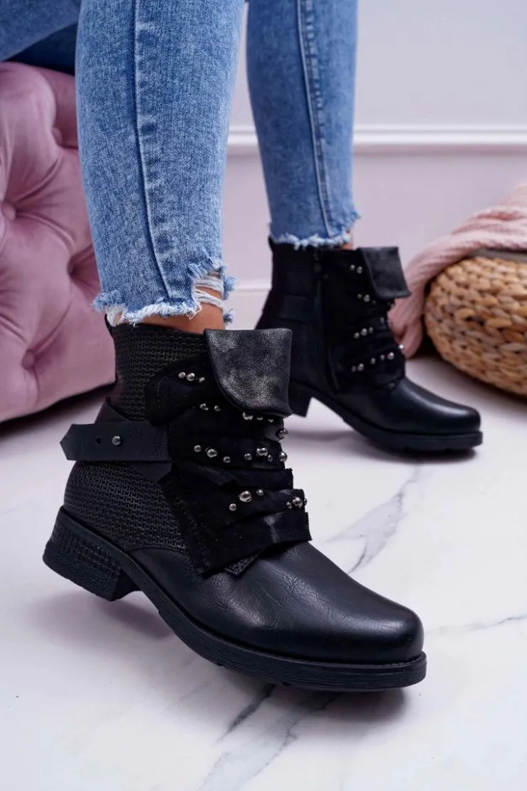 Boto Botki Sznurowane|Botki Zimowe Damskie*Damskie Botki Płaski Obcas Ciepłe Czarne Debra