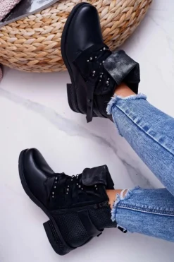 Boto Botki Sznurowane|Botki Zimowe Damskie*Damskie Botki Płaski Obcas Ciepłe Czarne Debra