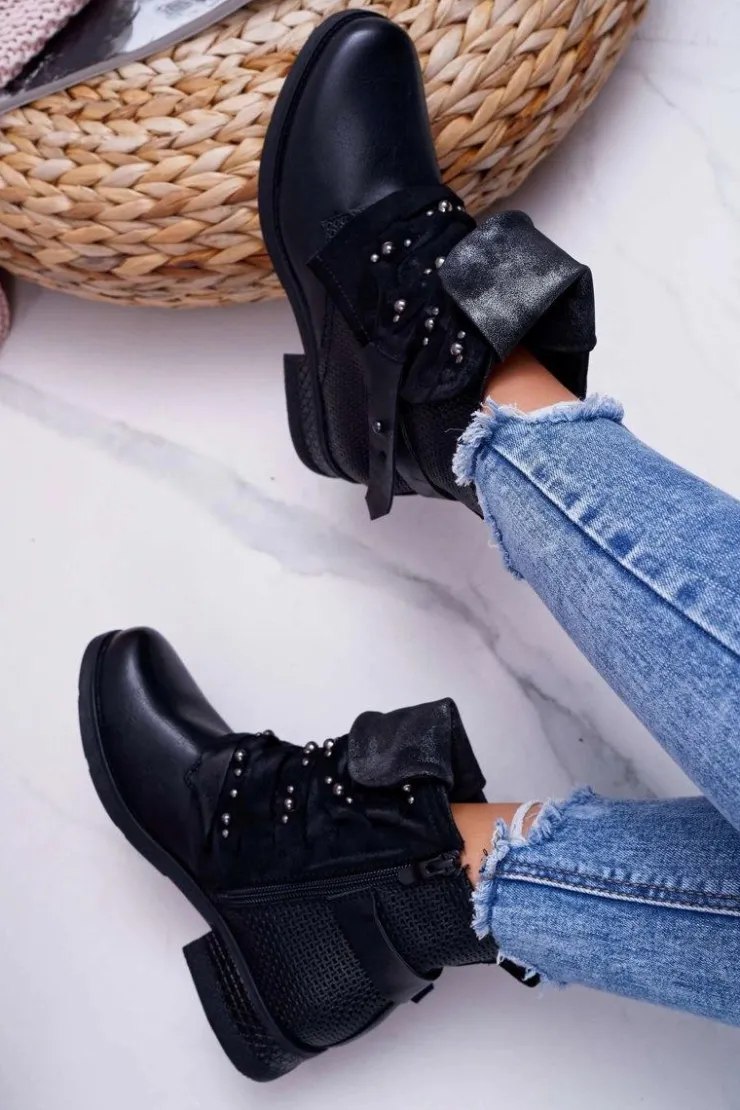 Boto Botki Sznurowane|Botki Zimowe Damskie*Damskie Botki Płaski Obcas Ciepłe Czarne Debra