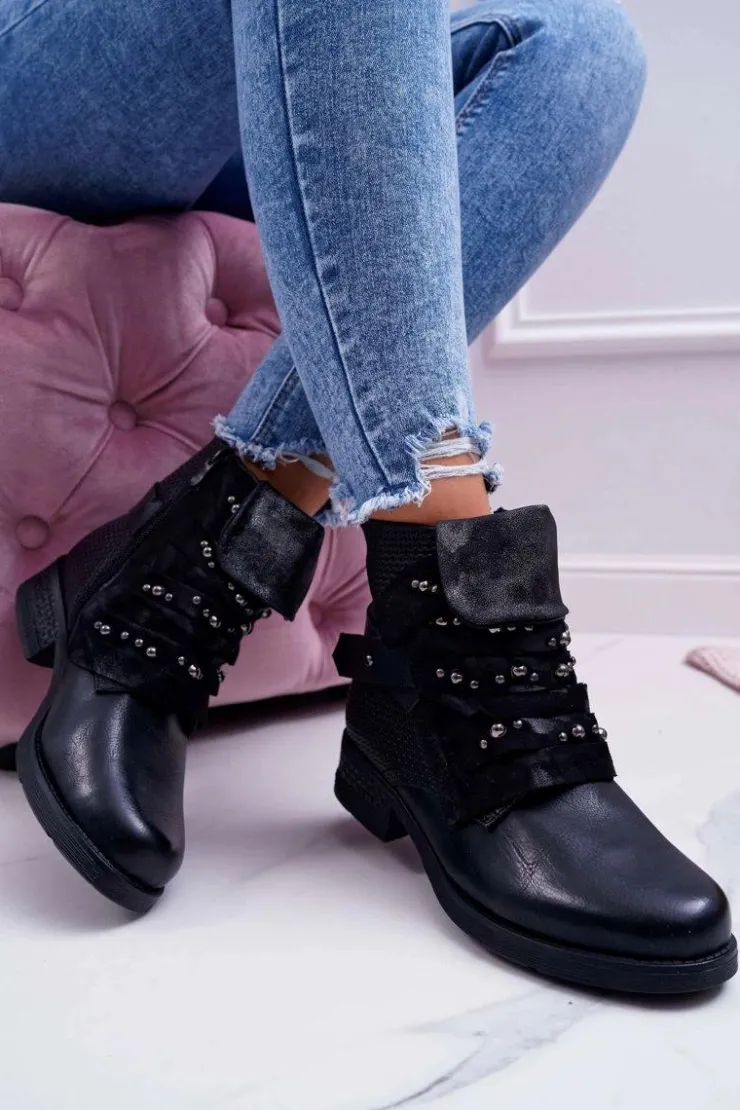 Boto Botki Sznurowane|Botki Zimowe Damskie*Damskie Botki Płaski Obcas Ciepłe Czarne Debra