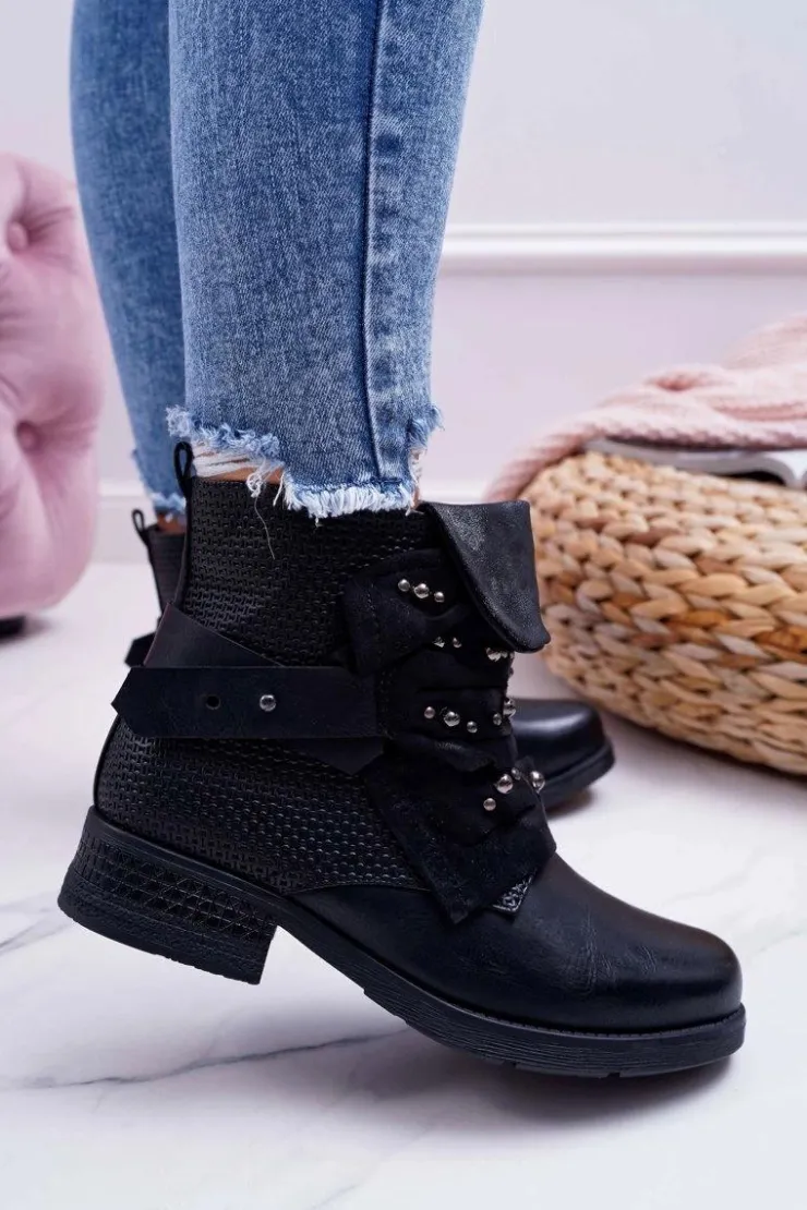 Boto Botki Sznurowane|Botki Zimowe Damskie*Damskie Botki Płaski Obcas Ciepłe Czarne Debra