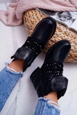 Boto Botki Sznurowane|Botki Zimowe Damskie*Damskie Botki Płaski Obcas Ciepłe Czarne Debra