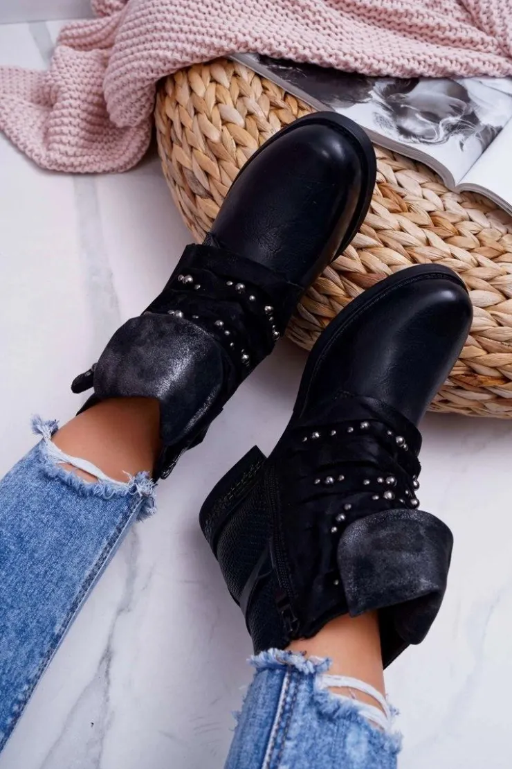 Boto Botki Sznurowane|Botki Zimowe Damskie*Damskie Botki Płaski Obcas Ciepłe Czarne Debra