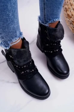 Boto Botki Sznurowane|Botki Zimowe Damskie*Damskie Botki Płaski Obcas Ciepłe Czarne Debra