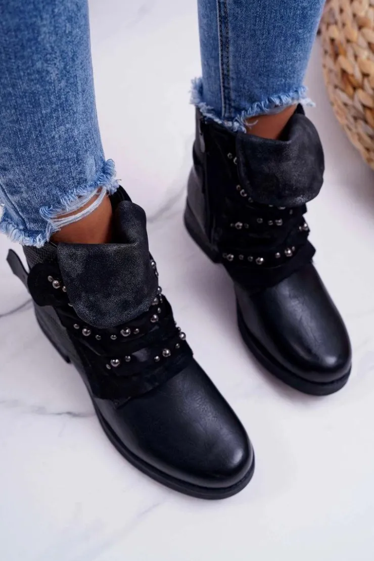 Boto Botki Sznurowane|Botki Zimowe Damskie*Damskie Botki Płaski Obcas Ciepłe Czarne Debra