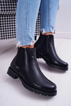 Clearance Boto Damskie Botki Płaski Obcas Ocieplane Futerkiem Czarne Hertz