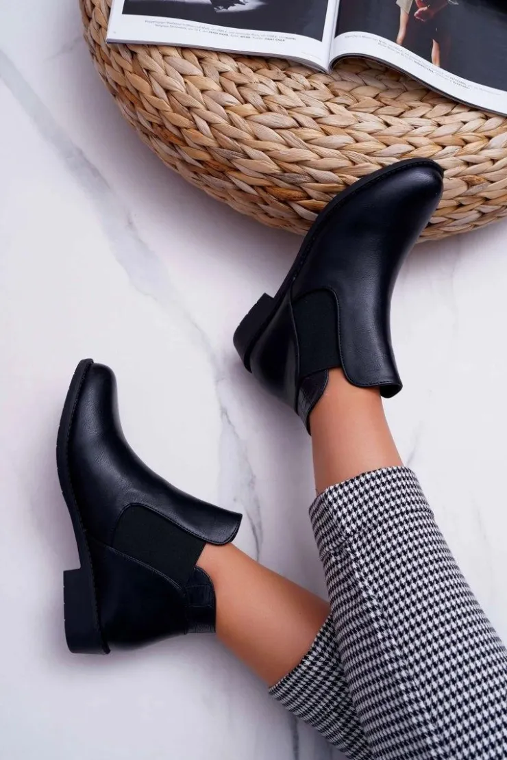 Damskie Boto Damskie Botki Płaskie Czarne Estacanto