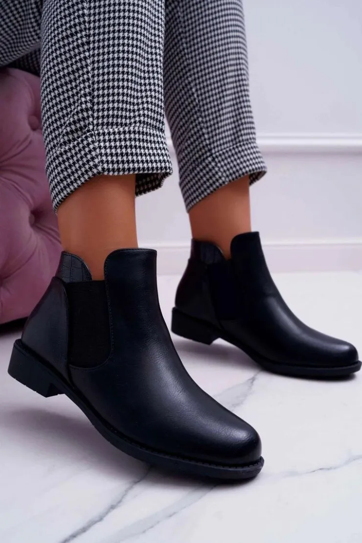 Damskie Boto Damskie Botki Płaskie Czarne Estacanto