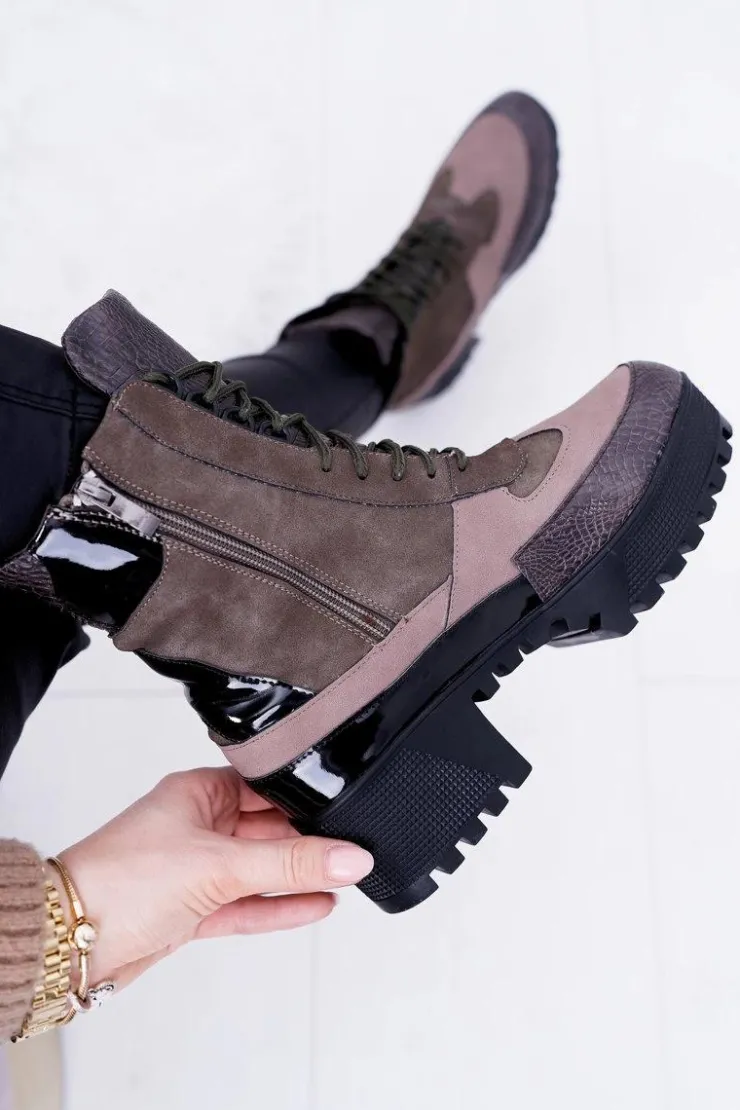 Damskie Boto Damskie Botki Płaskie Lu Boo Ciepłe Zielone Desert