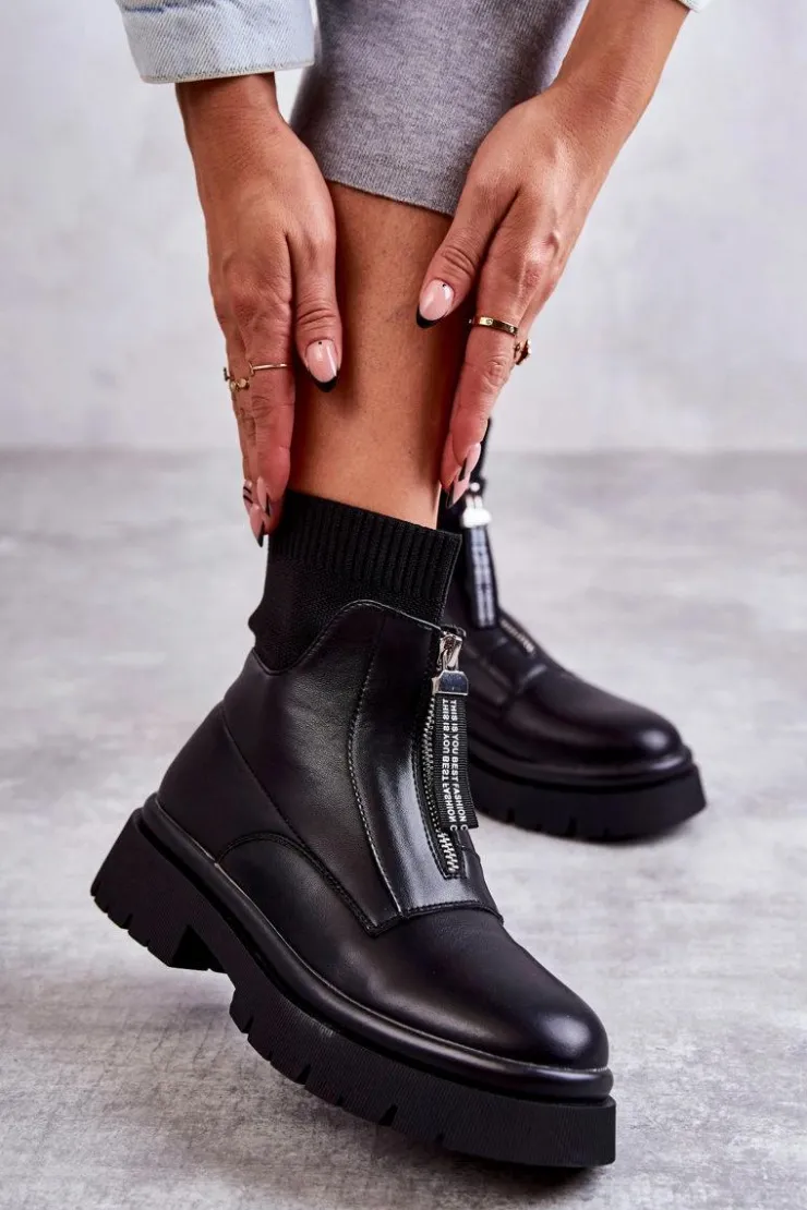 Boto Czarne Botki|Botki Płaskie*Damskie Botki Skarpetkowe Na Suwak Czarne Shelter