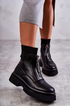 Boto Czarne Botki|Botki Płaskie*Damskie Botki Skarpetkowe Na Suwak Czarne Shelter