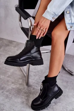 Boto Czarne Botki|Botki Płaskie*Damskie Botki Skarpetkowe Na Suwak Czarne Shelter