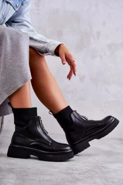 Boto Czarne Botki|Botki Płaskie*Damskie Botki Skarpetkowe Na Suwak Czarne Shelter