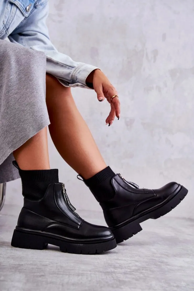 Boto Czarne Botki|Botki Płaskie*Damskie Botki Skarpetkowe Na Suwak Czarne Shelter