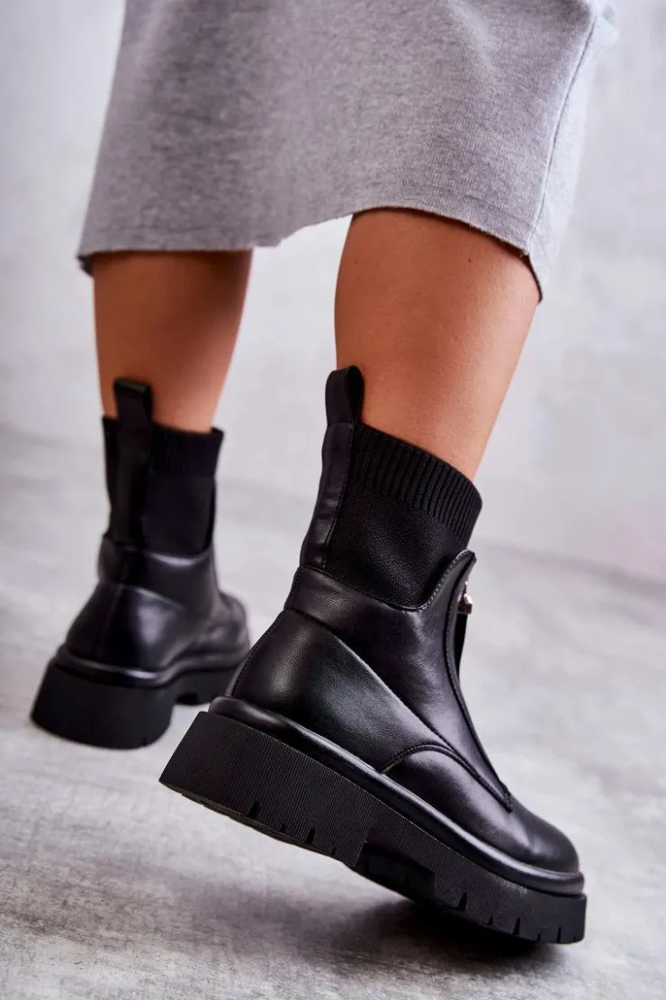 Boto Czarne Botki|Botki Płaskie*Damskie Botki Skarpetkowe Na Suwak Czarne Shelter