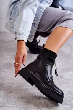 Boto Czarne Botki|Botki Płaskie*Damskie Botki Skarpetkowe Na Suwak Czarne Shelter