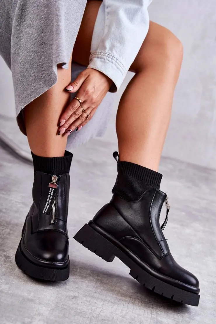 Boto Czarne Botki|Botki Płaskie*Damskie Botki Skarpetkowe Na Suwak Czarne Shelter