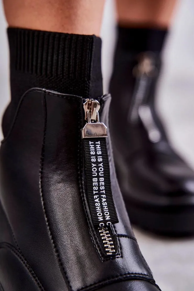 Boto Czarne Botki|Botki Płaskie*Damskie Botki Skarpetkowe Na Suwak Czarne Shelter