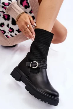 Boto Damskie Botki Skarpetkowe Z Paskiem Czarne Alaya