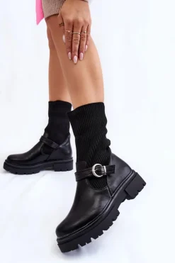 Boto Damskie Botki Skarpetkowe Z Paskiem Czarne Alaya