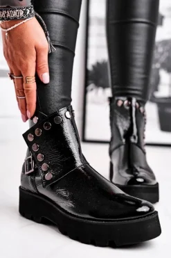 Boto Czarne Botki|Botki Na Obcasie*Damskie Botki Skórzane Lakierowane Czarne Exquisite 1199