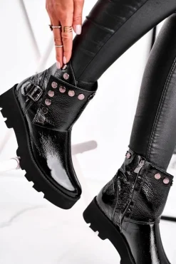 Boto Czarne Botki|Botki Na Obcasie*Damskie Botki Skórzane Lakierowane Czarne Exquisite 1199