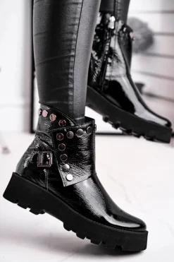 Boto Czarne Botki|Botki Na Obcasie*Damskie Botki Skórzane Lakierowane Czarne Exquisite 1199