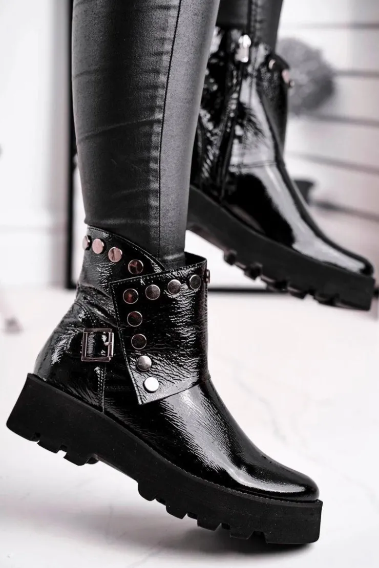 Boto Czarne Botki|Botki Na Obcasie*Damskie Botki Skórzane Lakierowane Czarne Exquisite 1199