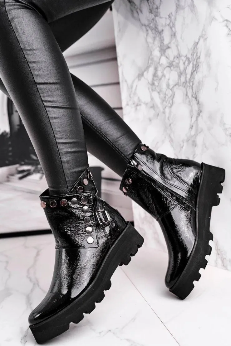 Boto Czarne Botki|Botki Na Obcasie*Damskie Botki Skórzane Lakierowane Czarne Exquisite 1199