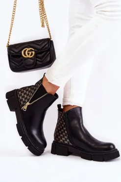 Boto Botki Wiosenne|Czarne Botki*Damskie Botki Skórzane Z Ozdobnym Zamkiem Czarne Lorra