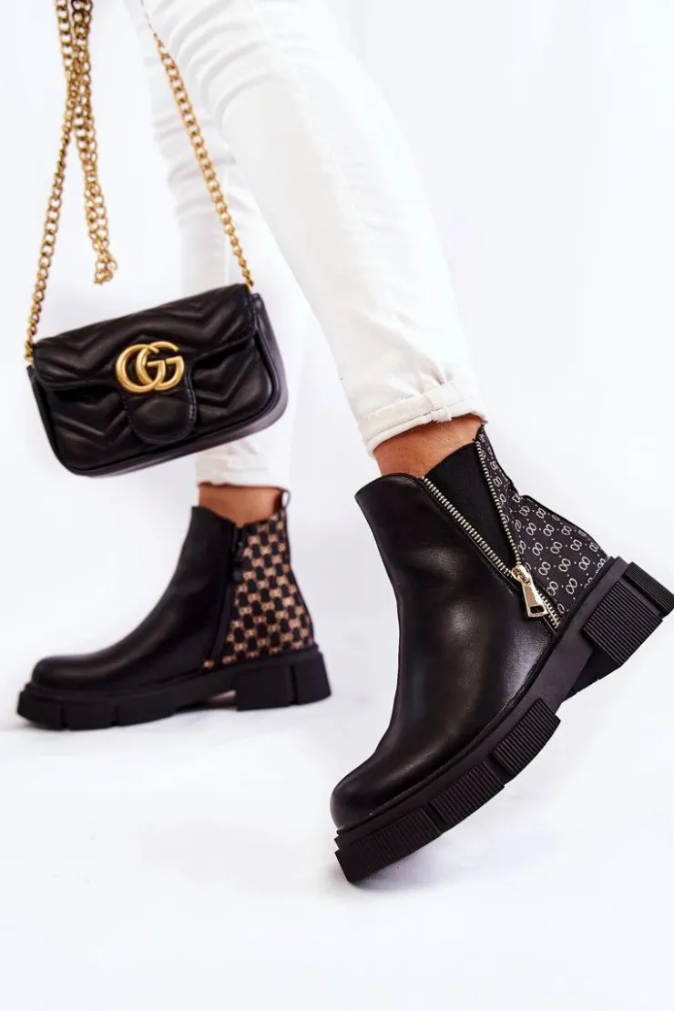 Boto Botki Wiosenne|Czarne Botki*Damskie Botki Skórzane Z Ozdobnym Zamkiem Czarne Lorra