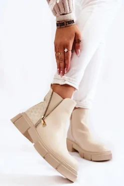 Damskie Boto Damskie Botki Skórzane Z Ozdobnym Zamkiem Jasnobeżowe Lorra