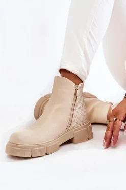 Damskie Boto Damskie Botki Skórzane Z Ozdobnym Zamkiem Jasnobeżowe Lorra