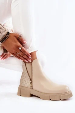 Damskie Boto Damskie Botki Skórzane Z Ozdobnym Zamkiem Jasnobeżowe Lorra