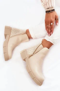 Damskie Boto Damskie Botki Skórzane Z Ozdobnym Zamkiem Jasnobeżowe Lorra