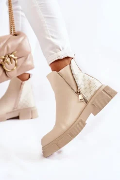 Damskie Boto Damskie Botki Skórzane Z Ozdobnym Zamkiem Jasnobeżowe Lorra