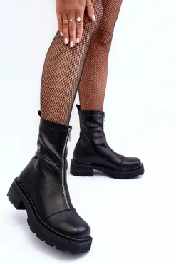 Hot Boto Damskie Botki Skórzane Z Suwakiem Czarne Aravalur