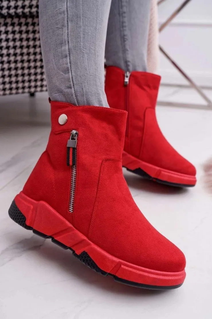 Boto Botki Zimowe Damskie|Botki Zamszowe*Damskie Botki Sportowe Ocieplane Czerwone SJ1938 Nefera