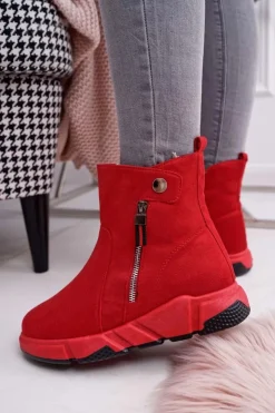 Boto Botki Zimowe Damskie|Botki Zamszowe*Damskie Botki Sportowe Ocieplane Czerwone SJ1938 Nefera