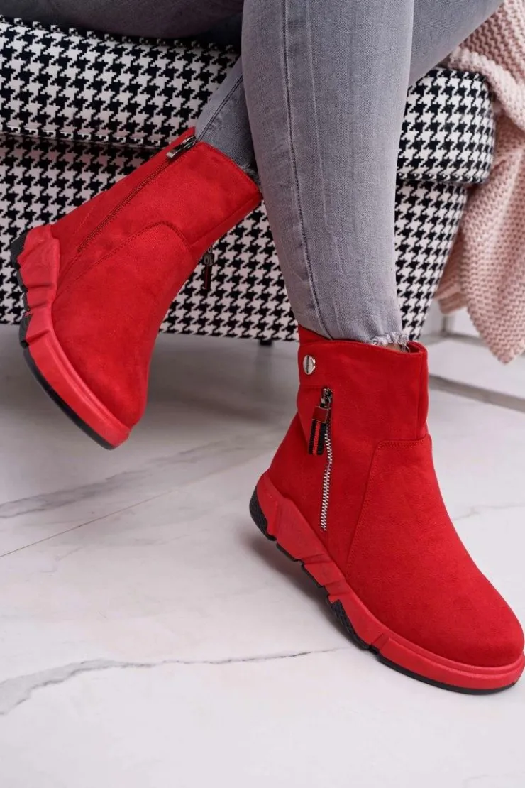 Boto Botki Zimowe Damskie|Botki Zamszowe*Damskie Botki Sportowe Ocieplane Czerwone SJ1938 Nefera