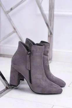 Boto Botki Na Słupku|Botki Zimowe Damskie*Damskie Botki Szare na Słupku Zamszowe Egida