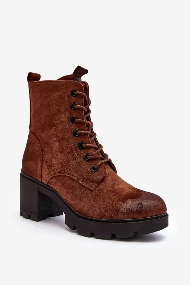 Discount Boto Damskie Botki Sznurowane Na Obcasie Brązowe Lunielle