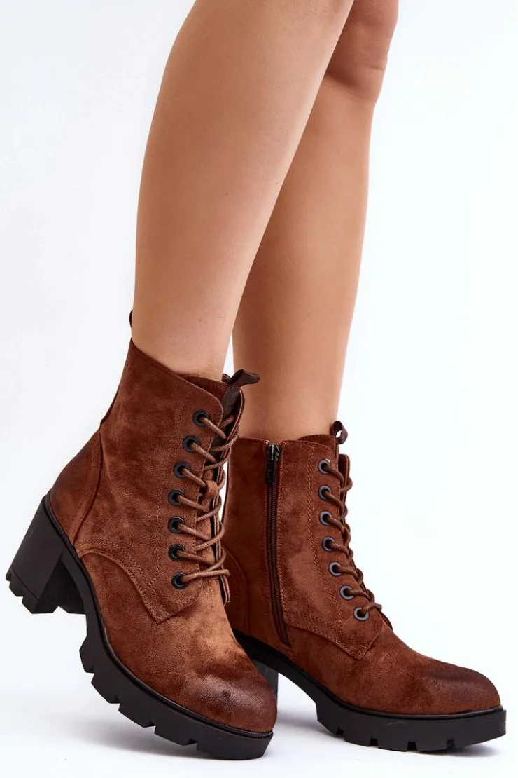 Discount Boto Damskie Botki Sznurowane Na Obcasie Brązowe Lunielle
