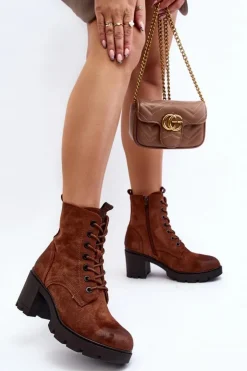 Discount Boto Damskie Botki Sznurowane Na Obcasie Brązowe Lunielle