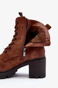 Discount Boto Damskie Botki Sznurowane Na Obcasie Brązowe Lunielle