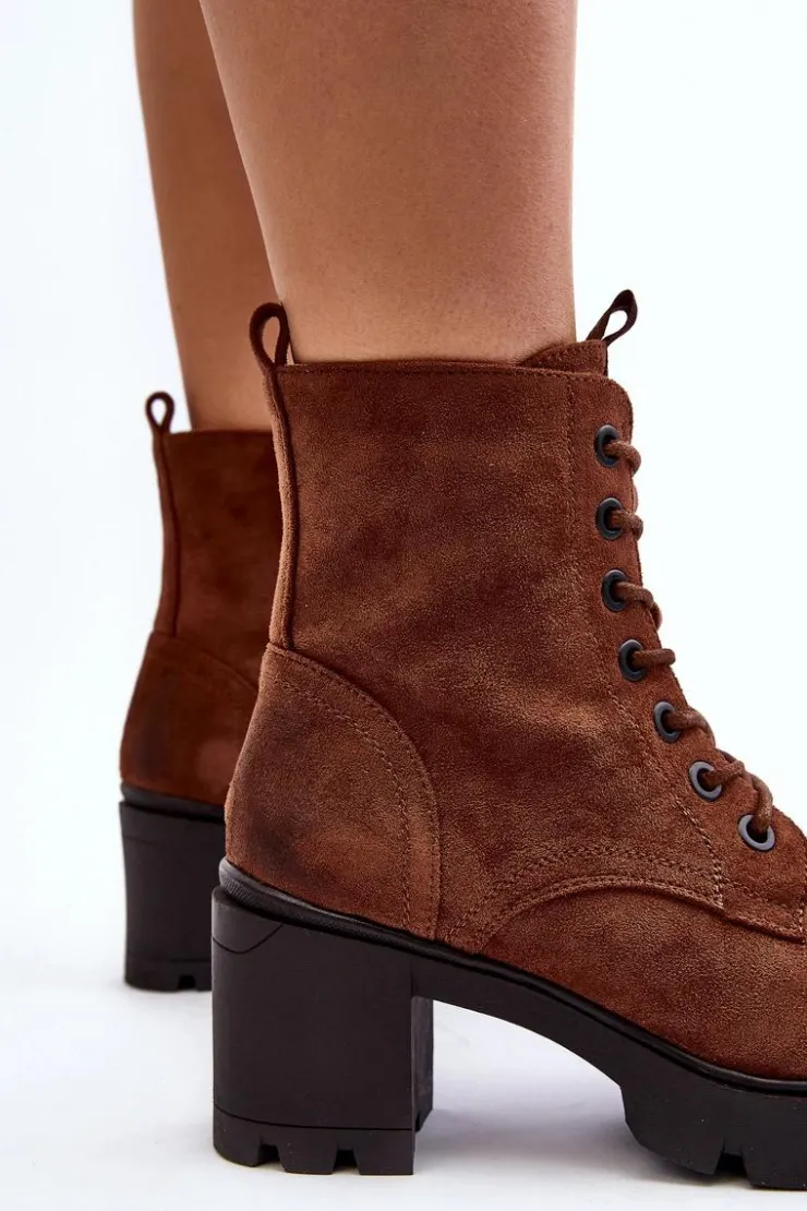 Discount Boto Damskie Botki Sznurowane Na Obcasie Brązowe Lunielle