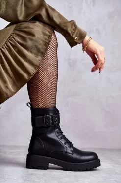 Damskie Boto Damskie Botki Sznurowane Na Płaskim Obcasie Czarne Firmina