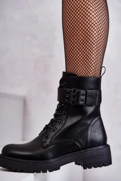 Damskie Boto Damskie Botki Sznurowane Na Płaskim Obcasie Czarne Firmina